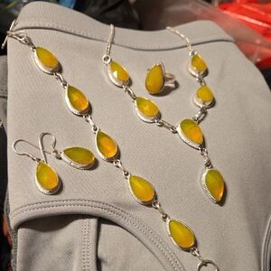 Yellow Teardrop Glass Jewelry Set - Sterling Tone